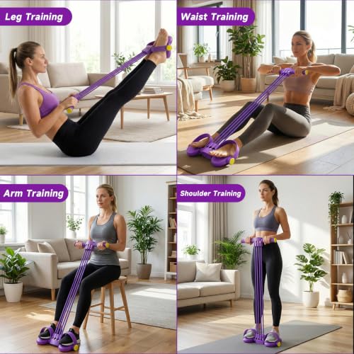 Pedal Resistance Band with Handles, Adjustable 6-Tube Detachable Workout Band, Thai Natural Rubber Tension Rope for Abs Arms Waist Legs, Home Fitness Equipment - color: purple