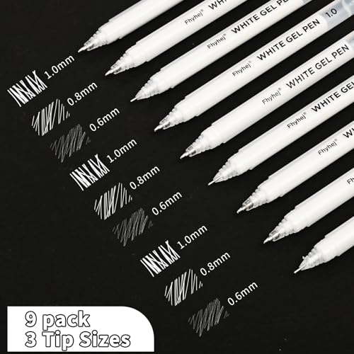 White Gel Pens,0.6/0.8/1mm Fine Point White Pens Set, 9 Pack | Opaque White Archival Ink Pen for Black Paper Drawing, Sketching, Illustration, Bullet Journaling - color: White, size: 0.6/0.8/1.0 mm