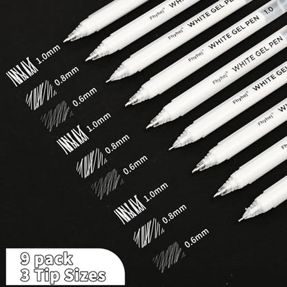 White Gel Pens,0.6/0.8/1mm Fine Point White Pens Set, 9 Pack | Opaque White Archival Ink Pen for Black Paper Drawing, Sketching, Illustration, Bullet Journaling - color: White, size: 0.6/0.8/1.0 mm