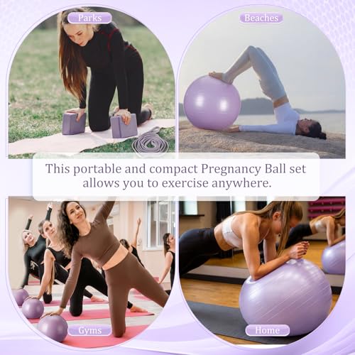 6-in-1 Yoga Balls and Yoga Block Set with Strap Foot Pump, Exercise Pregnancy Balls for Birthing, Pilates Kit Fitness Physical Therapy Home Gym Workout Equipment - color: Purple