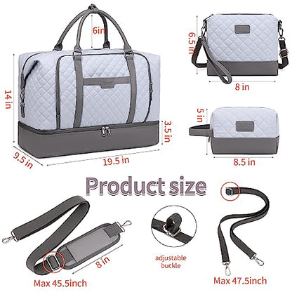 Weekender Bag, Large Travel Duffel Bag for Women, Carry on Overnight Bag with Shoe Compartment and Toiletry Bags - color: B-Light-Blue