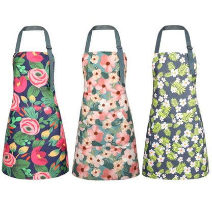 BOUMUSOE 3 Pack Floral Aprons with Pocket, Blooming Womens Aprons | Waterproof Adjustable Cooking Aprons for Kitchen Gardening and Salon - color: Red, Green, Pink