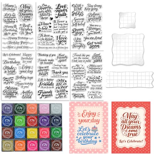6 Pcs Greeting Words Clear Stamps for Card Making 20 Ink Pad | 3 Acrylic Stamp Block Silicone Stamp with Holiday Bless Happy Birthday Stamps for Crafting DIY Scrapbooking Journal - style: 29Pcs Greetings Blessings Stamps