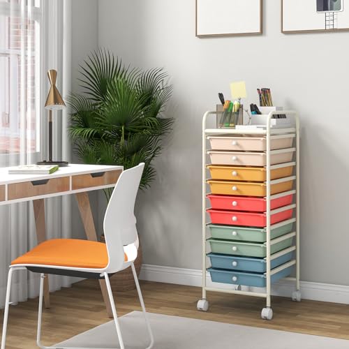 Giantex 10-Drawer Rolling Storage Cart w/Wheels, Handle, Removable Drawers, Mobile Organizer Storage Unit, Trolley Utility Cart for Home Kitchen Makeup Living Room Office Play Room - color: Macaron Multicolor, size: 10 Drawer-13"x15"x34"