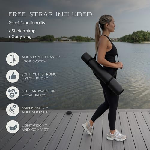 FFLLOOWW Premium Non Slip PU Yoga Mat 72.8” x 26.8” 4.5mm – Eco Friendly Natural Rubber Exercise Mat for Hot Yoga, Pilates & Home Workout with Carry Strap - color: Black