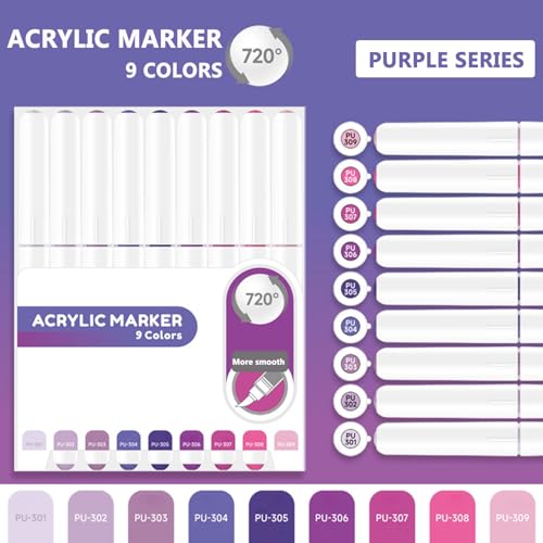 Water Based Acrylic Paint Markers, 9 Colors Paint Pen Set | Purple Series, Soft Brush Tip, Smooth Writing, Marker Pen for Rock Painting, Egg, Wood, Glass, Mugs, Black Paper - color: Purple Series