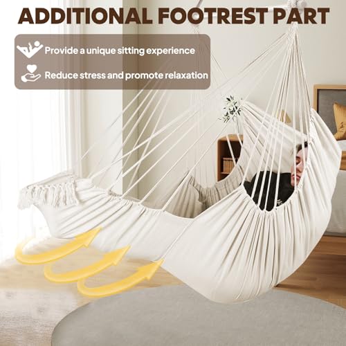 Chihee Hammock Chair Foot Rest 2 Cushions Max 485 lbs Metal Spreader Bar | Robust Hanging Chair Soft Cotton Blended Swing Collapsible Easy Storage Strong Strap Iron Carabiner Pocket Indoor Outdoor - color: Creamy White