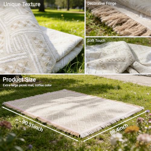 Boho Cotton Picnic Blanket, Beige 90×97 Inch Woven Outdoor Grass Mat | Machine Washable for Effortless Cleanup. Lightweight Foldable Design, Spacious Enough for Group Outdoor and Indoor Activities - color: Beige, size: 90*97INCH