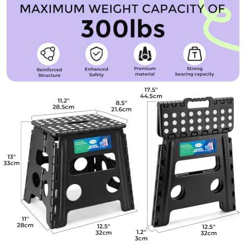 Dyforce Folding Step Stool 13 Inch,300lbs Foldable Stool for Adults & Kids | Stepping Stool Black,Non-Slip Plastic Compact Foot Stool with Carry Handle,Lightweight for Bathroom Kitchen Bedroom Garden - color: Black, size: 13inch