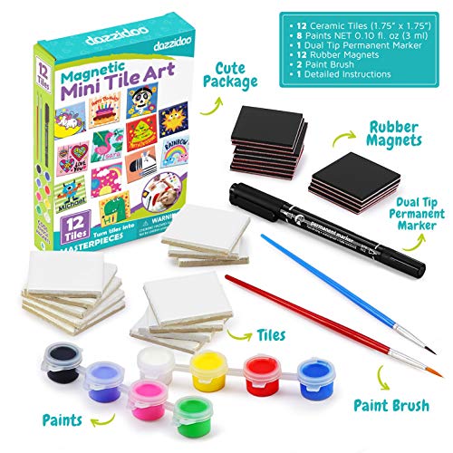 Magnetic Mini Tile Art - DIY Craft Kit; Design and Paint Magnet Tiles - Kids Paint Arts & Crafts Project; Includes 12 Tile Magnets, 8 Paint Colors, 2 Brushes and Marker; Fun Ceramic Tile Painting Kit