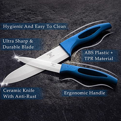 Moss & Stone Kitchen Cutlery White Ceramic Knife Set, Ceramic Knife Set and Fruit Peeler, Rust Proof & Stain Resistant, Kitchen Cooking Knife Set 5 pieces Blue Knives