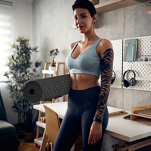 Yoga Mat 1/3" (8mm) Thick Non-Slip, Women Men Fitness & Exercise Mat, 72"Lx24"W Eco-Friendly TPE Workout Mat with Carrying Strap for Yoga, Pilates, Home Gym, Floor Exercises - color: Black