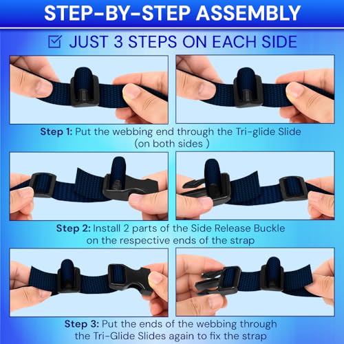 TECEUM 1" Nylon Strap Kit with Buckles, Navy Blue 6 yards Repair Set | Heavy duty hardware kit: 6yd webbing, 6 quick release buckles, 12 tri-glide slide clips, 6 metal D-rings for crafting. - color: Navy Blue, size: 1" - 6 yards, style: 6 Buckle - 12 Slid