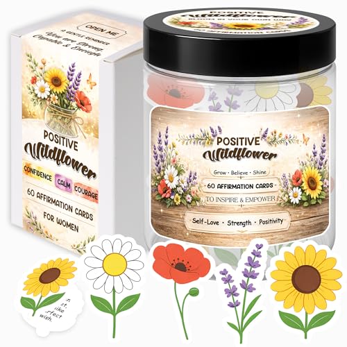 Positive Affirmation Cards for Women, Wildflower Jar with 60 Daily Card Set | Sunflower, Daisy, Lavender and Poppy Encouragement Gift for Mom, Sister or Friend, Birthday Stress Relief Desk Decor Gift Set - color: KAT-K - Positive WILDFLOWER JAR