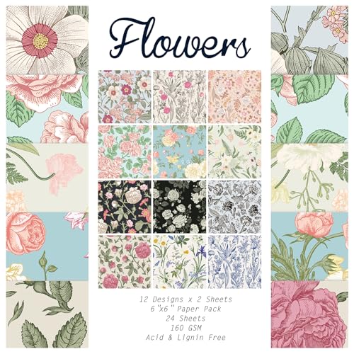 Scrapbook Paper, 24 Sheets 6"×6" 160gsm Single-Sided Patterned Cardstock | Vintage Decopodge Scrapbook Supplies, Junk Journal Decorative Crafts DIY Album Card Making Art Journaling.Flowers - color: 24 sheets-flowers