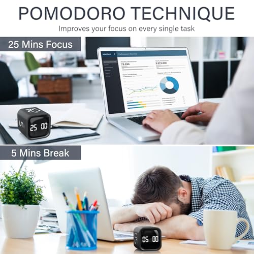 Rotating Productivity Timer 5/25/10/50, Desk Flip Timer, ADHD Tool - color: Black