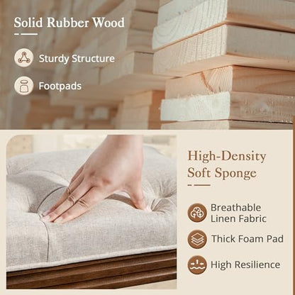 LUE BONA 60" Fabric End of Bed Bench, Upholstered Tufted French Bedroom Bench with Carved Dark Brown Legs for Bedroom End of King Size Bed, Living Room, Linen - color: Linen and Dark Brown, size: 60''