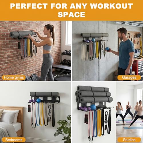Wall Mounted Gym Equipment Storage Rack, Heavy Duty Steel Organizer with Top Floating Shelf, 2-Tiers Holding for Yoga Mat, Resistance Bands, Jump Ropes and Lifting Belts, Black