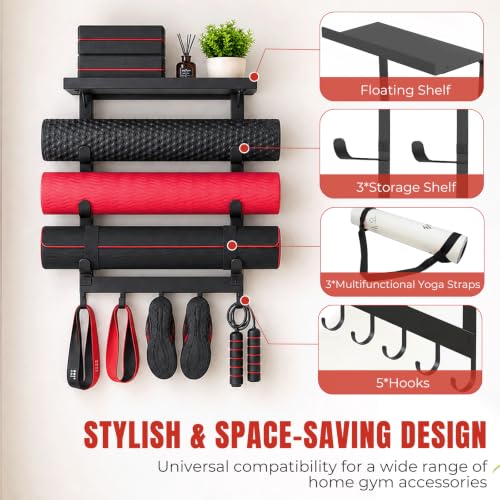 Yoga Mat Holder Wall Mount, 4-Tier Home Gym Storage Rack with 5 Hooks & 3 Yoga Mat Portable Straps, Heavy Duty Metal Yoga Mats Organizer With Floating Shelf for Foam Roller, Resistance Bands
