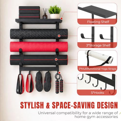 Yoga Mat Holder Wall Mount, 4-Tier Home Gym Storage Rack with 5 Hooks & 3 Yoga Mat Portable Straps, Heavy Duty Metal Yoga Mats Organizer With Floating Shelf for Foam Roller, Resistance Bands