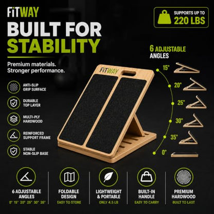 Adjustable Wooden Slant Board, 5-Level Calf Stretcher for Mobility & Rehab | Non-slip velour surface, 5-level incline, 5 resistance bands. Foldable, portable for home gym, physical therapy & rehab use.