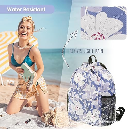 Drawstring Backpack Sports Gym Sackpack with Mesh Pockets String Cinch Beach Bag for Men Women(Blue Flower) - color: Blue Flower