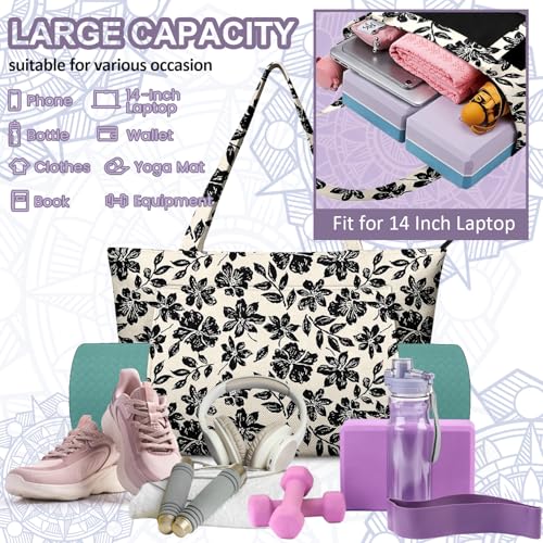 Yoga Bag for Women, Large Canvas Yoga Mat Tote Bag with Yoga Mat Carrier - color: Black Flowers