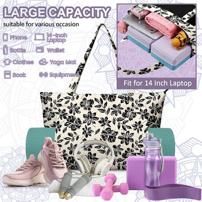 Yoga Bag for Women, Large Canvas Yoga Mat Tote Bag with Yoga Mat Carrier - color: Black Flowers