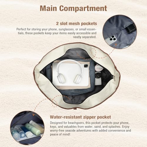 Beach Bag for Women - 35L Large Tote Bag, Waterproof & Sandproof, Zippered Carry On Bag for Pool, Beach & Travel - color: Beige