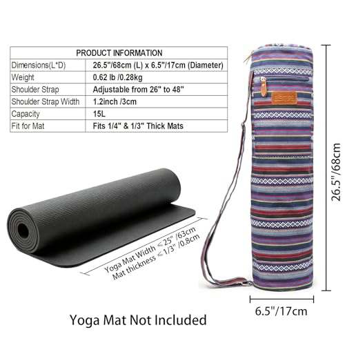 Yoga Mat Bag for Women & Men, Full-Zip Canvas Pilates Bag with Pockets - color: Multicolor