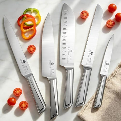 imarku Gyutou Knife Set, High Carbon Steel, Block & Sharpener, Gift Box | 56 HRC Hardness, 15° Razor Sharp Edge, Ergonomic Non-Slip Handle, Brown Wood Block, Ideal Gift for Cooking Enthusiasts - color: Silver/Brown