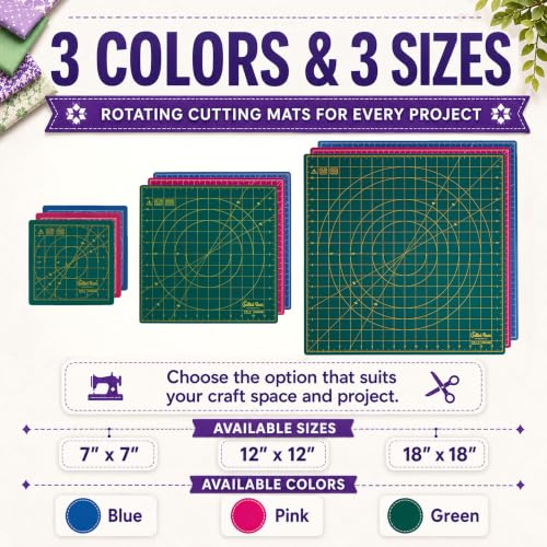 The Quilted Bear 12" x 12" Rotating Self-Healing Cutting Mat, Green | Square Mat, 360° Rotation, Locking Mechanism, 5-Layer Surface, Non-Slip Base, Clear Inch Grid & Angle Guides for Quilting - color: Green, size: 12"L x 12"W
