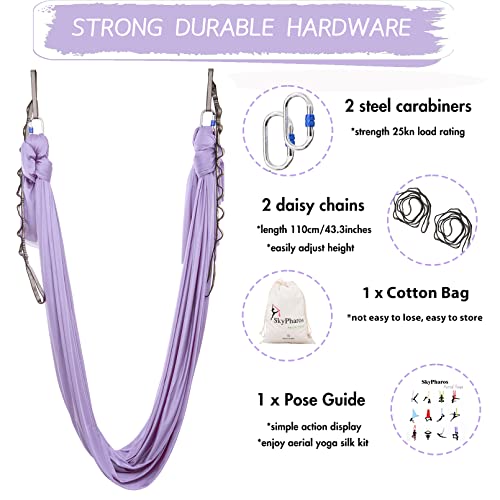 5.5 Yards Aerial Silks Yoga Swing Set - Aerial Yoga Hammock Kit Anti-Gravity Flying for Fitness, Low/Non Stretch Nylon Tricot Fabric Hardware Included for Dance - color: Lilac1