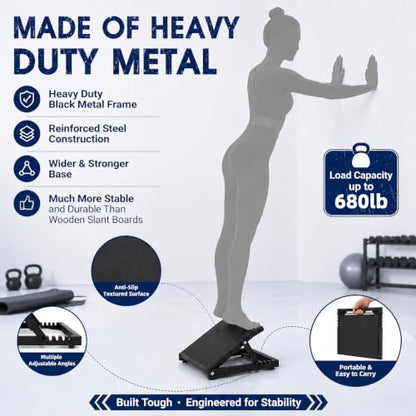 Slant Board for Calf Stretching, Metal Calf Stretcher with Adjustable Incline, Heavy Duty Squat Wedge for Plantar Fasciitis, Achilles Tendon, Portable Calf Stretch Board