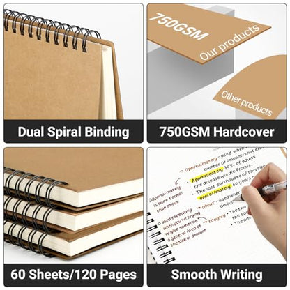 EUSOAR Graph Notebook Spiral, A4 3Packs 8.5"x11" 120 Pages Graphing Notebook, Hardcover Spiral Grid Graph Paper Notebook Composition for Math Science Engineering Artist Drawing-Kraft - color: Kraft, size: A4