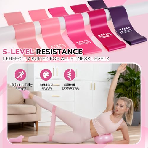 LiKiLiKi Pilates Ring and Ball Set, Home Pilates Equipment for Women with Resistance Bands, 12'' Magic Circle, 9.8'' Ball, for Strength, Toning and Flexibility, Fitness Essentials Starter Accessories - color: Pink