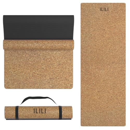 ILILI Cork Yoga Mat Eco-Friendly 1/4 Inch Thick | 72"×26" Natural Cork TPE Exercise Mat, 2 lbs Lightweight Non Slip Mat for Hot Yoga and Gym Workout, Carry Strap - color: Cork+Black