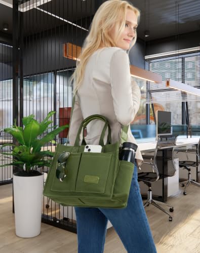 ZHMO Canvas Tote Bag for Women,Women's Bags Crossbody Bags Work Laptop Tote Bag Large Handbags Purse for Travel Nurse Teacher - color: New Upgrade Army Green With Compartments and Side Cup Holders