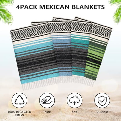 Oudain 4 Pcs Mexican Blankets Bulk Handwoven Mexican Yoga Blanket Towel Colorful Falsa Serape Woven Throw Blanket Boho Beach Blankets for Outdoor Camping Beach Picnic Travel Home (Blue Green) - color: Blue Green