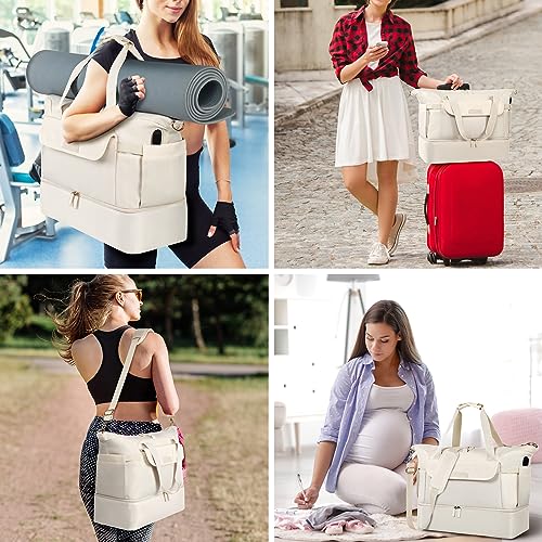 Travel Bag for Women, Sports Gym Duffel Bag, Weekender Overnight Bag with Wet Pocket and Shoes Compartment, Carry On Tote Bag Gym Yoga Duffel Bag for Men - color: Beige