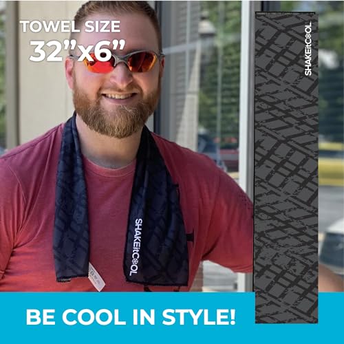 SHAKEitCOOL Original Cooling Towel – Be Cool in Style - Heat Relief, Soft, Lightweight, Sun Protection, Easy Clean - Perfect for Biking, Running, Yoga, Gym, Gardening - Black Tread - color: Black Tread