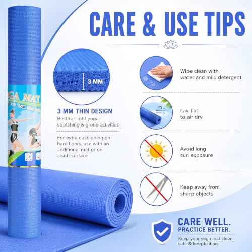 Funtery 3 mm Thin Yoga Mats Bulk, 68 x 24 Inches Lightweight PVC Exercise Mats Non Slip Workout Fitness Pads for Yoga Pilates Stretching Classes Gym Home Studio - color: Blue