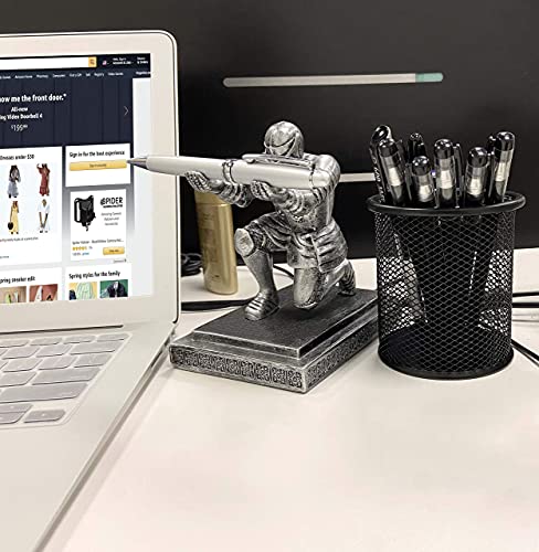 Executive Kneeling Knight Pen Holder with Pen - Unique Office Gifts | Heavy-Duty Resin, Antique Iron Finish, Weighted Non-Slip Base, Cool Desktop Decor - color: Iron