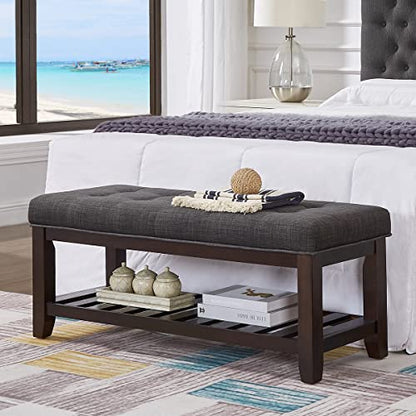 24KF Large Rectangular Upholstered Tufted Linen Ottoman Bench, Padded Bench with Solid Wood Shelf-Dark Gray - color: Dark Gray-bench, size: 16"D x 44"W x 17.5"H