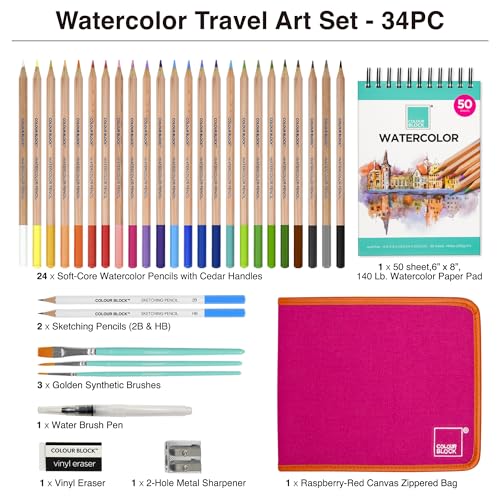 COLOUR BLOCK Watercolor Pencil Travel Art Set 34 PCS, Professional Drawing Kit, 50 Sheets Drawing Pad, Paint Brushes I Vibrant Pigments for Coloring and Blending