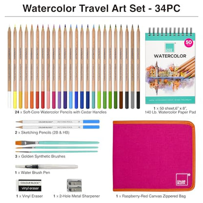 COLOUR BLOCK Watercolor Pencil Travel Art Set 34 PCS, Professional Drawing Kit, 50 Sheets Drawing Pad, Paint Brushes I Vibrant Pigments for Coloring and Blending