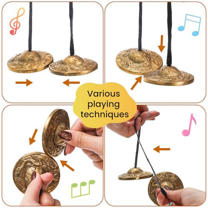 Meditation Chime Bells, 6.3 cm with Embossed Dragon Pattern | Tibetan Tingsha Cymbals with Drawstring Cloth Bag, Meditation Brass Bells for Percussion Instrument, Sound Healing, Yoga