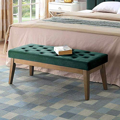 24KF Velvet Upholstered Buttons Tufted Entryway Bench with Solid Wood Leg,Bed Bench Ottoman with Padded Seat,5034-Jade - color: Jade Velvet, size: Tufted Bench with Solid Wooden Base