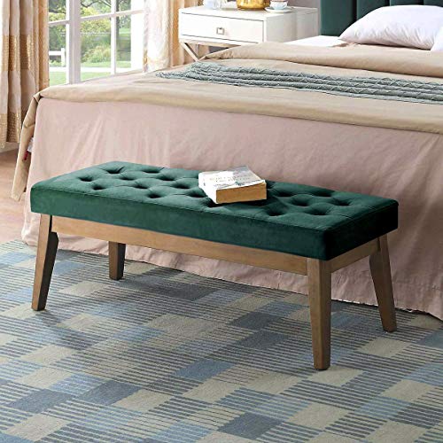 24KF Velvet Upholstered Buttons Tufted Entryway Bench with Solid Wood Leg,Bed Bench Ottoman with Padded Seat,5034-Jade - color: Jade Velvet, size: Tufted Bench with Solid Wooden Base