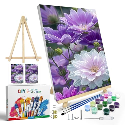JOOZ Paint by Numbers Kits for Adults with Frame, Flowers Paint by Numbers for Adults, Paint by Number Canvas for Adults with Easel, DIY Acrylic Oil Painting Kit for Home Wall Decor 8 x 12 Inch - color: Flowers